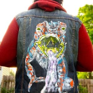 Denim vest with hand painted chameleon on back